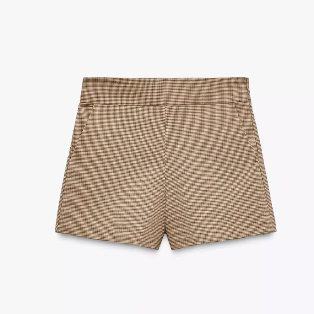 Zara Beige Checkered High Waist Shorts
